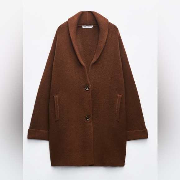 ZARA BROWN KNIT COAT LONG SLEEVES WITH CUFFS - Picture 2 of 5